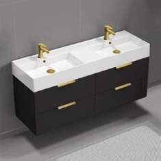 56 inch Double Bathroom Vanity With White Ceramic Sink Top - Modern, Matte Black, Gold Handles